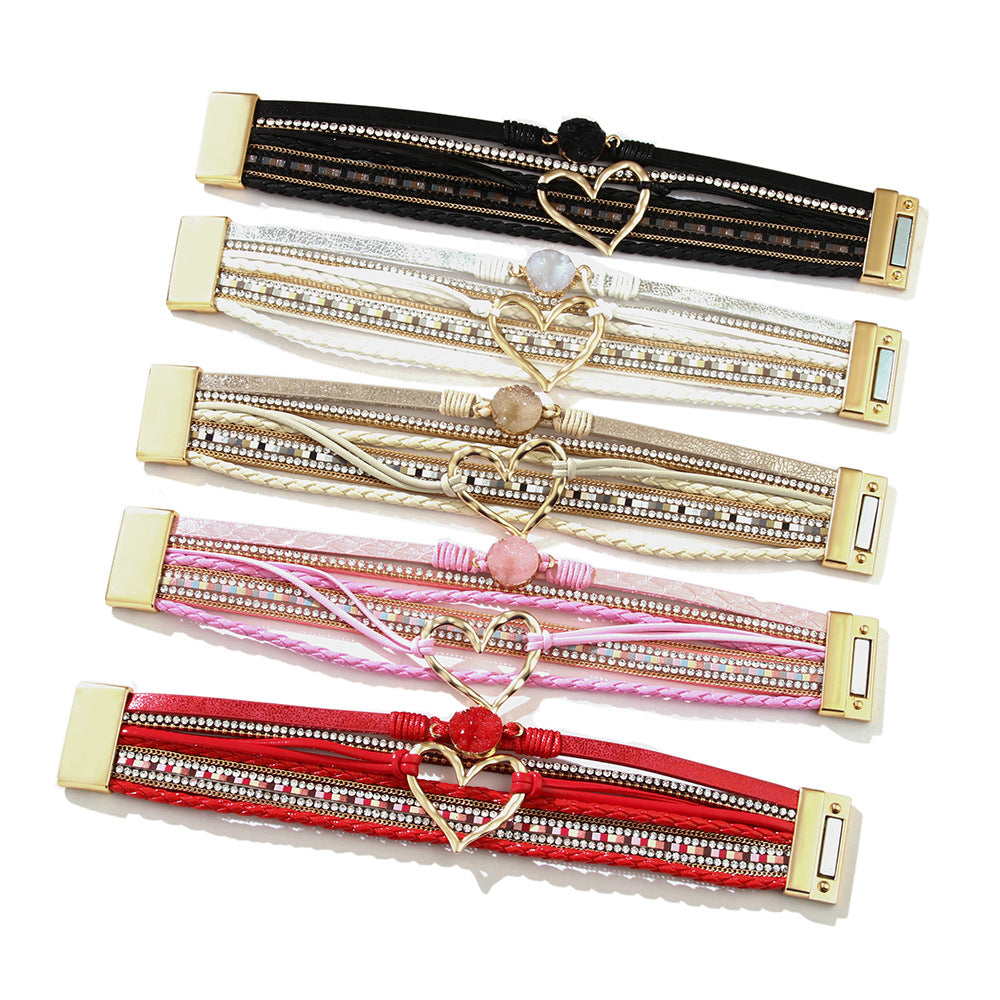 Wholesale Bohemian Heart Rhinestone Magnetic Leather Bracelet